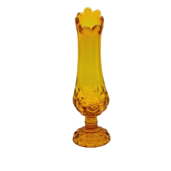 Vintage 12" Kanawha Cadmium Amber Glass Moon and Stars Footed Swung Vase UV Glow - Picture 1 of 13